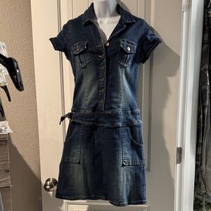 Classic Dark Blue Denim Short-Sleeve Mini Dress